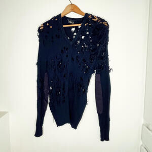 Totally Blown Navy Distressed V-Neck Sweater - Size S